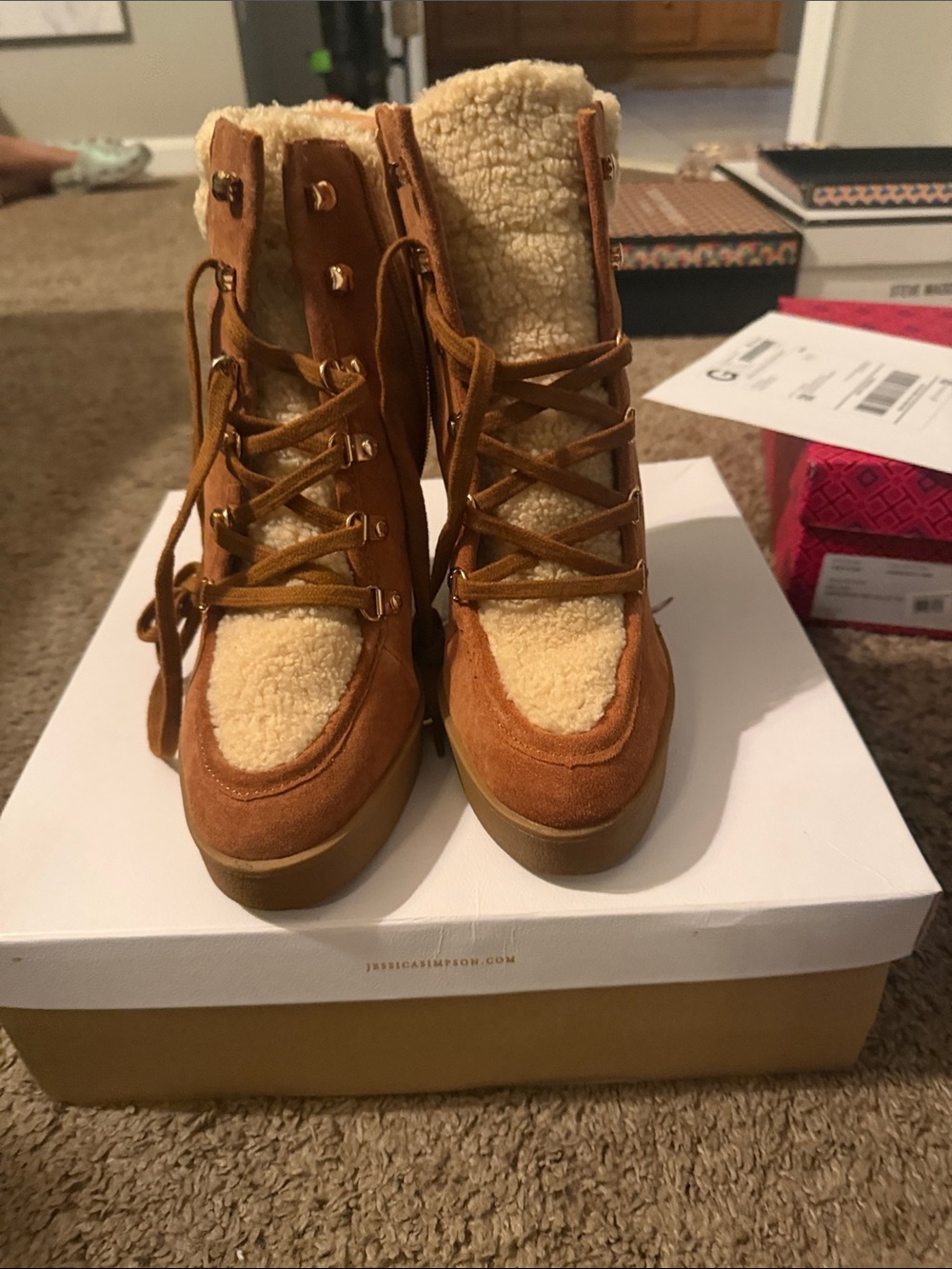 Jessica Simpson Tan Suede Lace-Up Shearling Wedge Boots